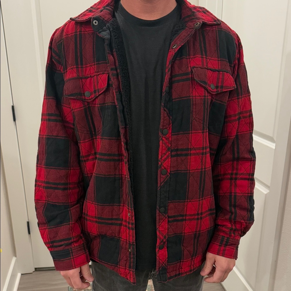 George Men's Plaid Shirt Jacket in Red and Black